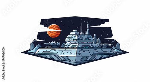Pixel art of a futuristic spaceship or space station orbiting a striped planet