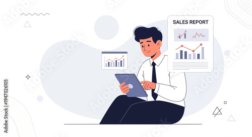 Man analyzing sales report on tablet, business growth concept, data visualization