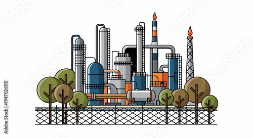 Industrial refinery complex with towers, pipes, tanks, and trees