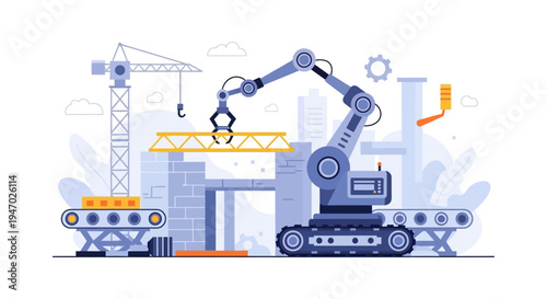 Industrial Automation & Modern Construction: Robotic Arm, Crane, and Conveyor Belts on Building Site for Future Development