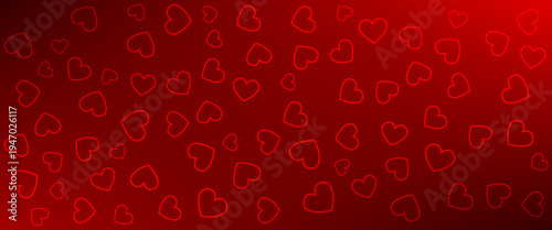 A vibrant red abstract vector background featuring a playful scatter of outlined heart shapes. This romantic design uses a subtle gradient and a clean layout for a modern, celebratory feel.
