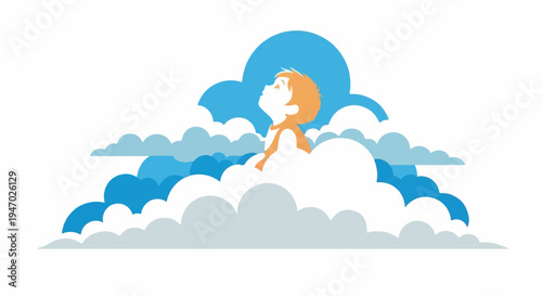 Silhouette of a child gazing upwards, surrounded by stylized clouds and blue sky