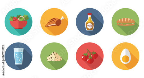 Set of 8 flat design food and drink icons vector collection, featuring salad, chicken, sauce, sandwich, water, sugar, tomatoes, and egg for healthy eating concepts