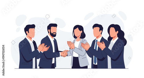 Business agreement handshake with clapping colleagues celebrating success, teamwork concept