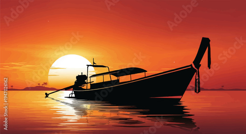Silhouette of a boat on calm water during a vibrant orange sunset