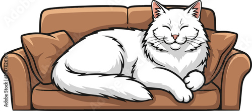Fluffy white cat with eyes closed, peacefully resting on a brown sofa