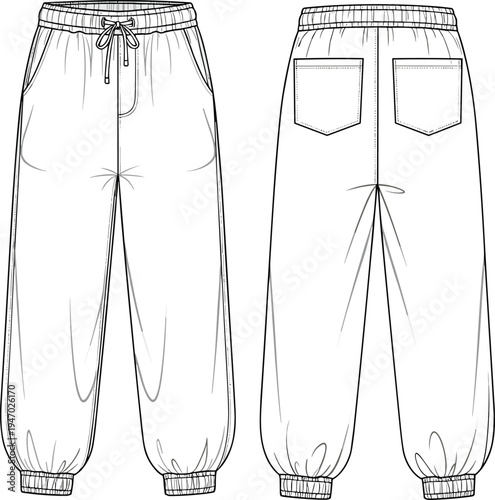 Women’s jogger sweatpants technical flat sketch with front and back view, elastic waistband casual apparel template fashion garment vector drawing