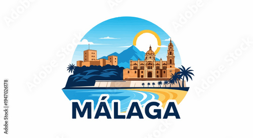 Stylized coastal city panorama with historic architecture, palm trees, sun, mountains, and ocean waves