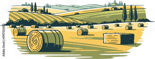 Stylized countryside with rolling hills, fields, hay bales, and scattered farm buildings