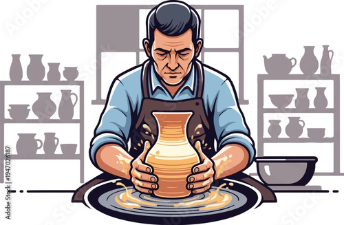 Focused man shaping clay on a pottery wheel in a studio with shelves of finished pots