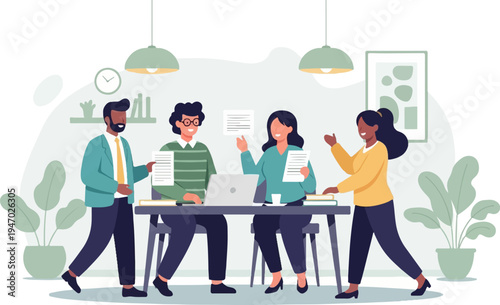 Four diverse colleagues collaborate around a desk with a laptop, papers, and plants