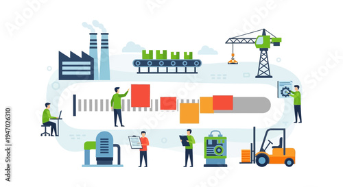 Industrial Manufacturing Production Line and Supply Chain Logistics with Workers Flat Vector Illustration