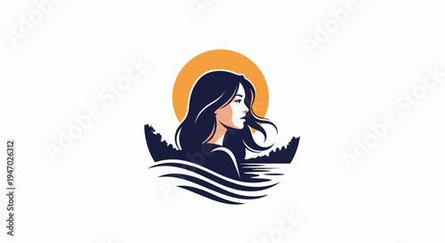 Stylized profile of a woman with dark hair, set against a sun and landscape