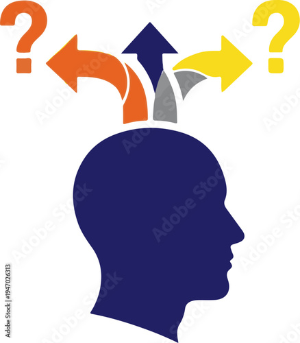 Silhouette of a head with multiple arrows and question marks symbolizing choices and uncertainty