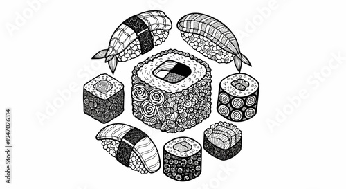 Intricate black and white illustration of a variety of sushi rolls and nigiri arranged in a circular pattern