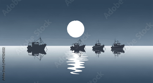 Four fishing boats anchored in calm water under a bright moon