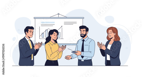 Business team applauding successful presentation, teamwork, achievement, office meeting