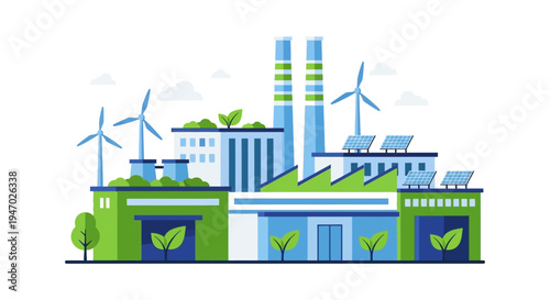 Sustainable Green Factory with Renewable Energy: Eco-Friendly Industrial Building with Solar Panels & Wind Turbines. Modern Flat Illustration.