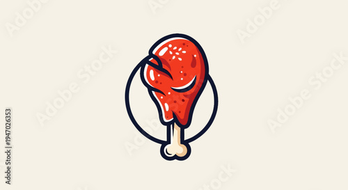 Stylized red chicken leg with bone in a dark circle