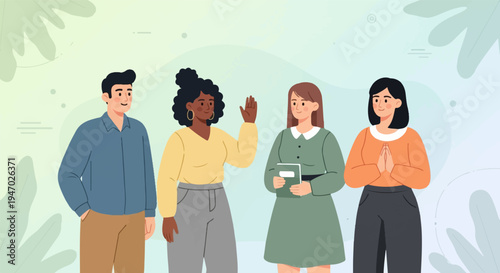 Diverse group of people interacting in a stylized setting with gentle foliage backdrop