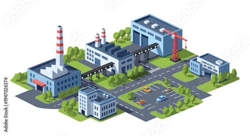 Isometric Industrial Park Layout with Manufacturing Factories, Logistics Warehouses, and Administrative Building - Flat Design