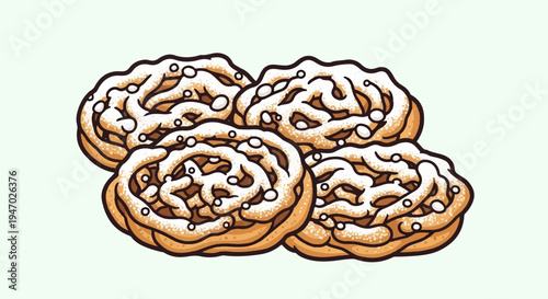 Four golden, spiral-shaped pastries dusted with white powdered sugar