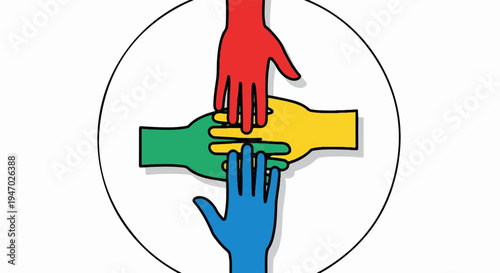 Four hands of different colors stacked together inside a circle, representing unity and teamwork