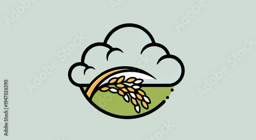 Stylized rice stalk under a puffy cloud on green earth