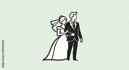Stylized depiction of a bride in a flowing gown and a groom in a suit, arm-in-arm, against a light background