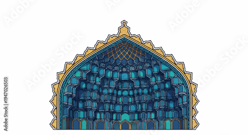 Ornate, geometrically patterned facade with arched openings and a scalloped, gilded frame