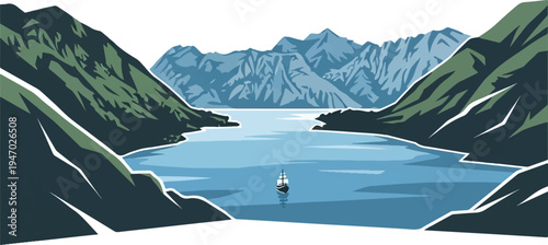 Stylized scene of a calm blue bay with distant misty mountains and green slopes. A lone sailboat glides