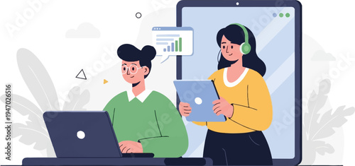 Diverse individuals collaborating with technology and data visualization