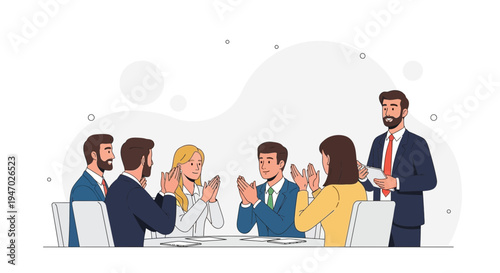 Business team applauding successful presentation by leader at meeting table