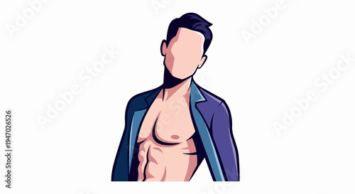 Stylized, shirtless man in an open suit jacket