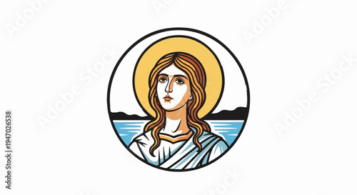 Stylized depiction of a serene figure with flowing hair, halo, and draped clothing, framed by water and land