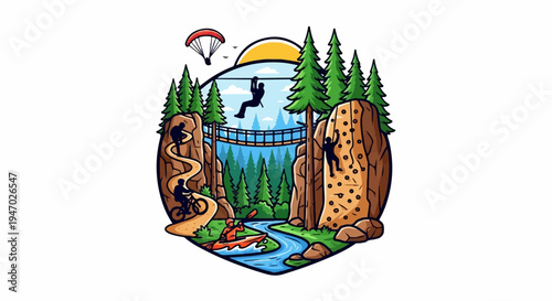 Diverse outdoor adventures including ziplining, rock climbing, biking, and kayaking in a forest