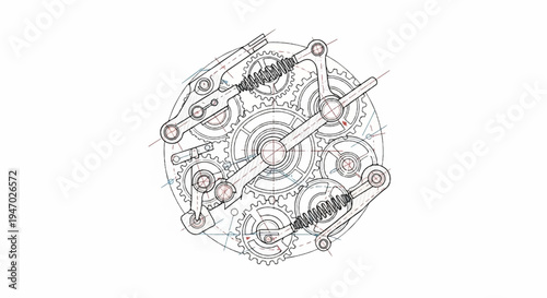 Intricate clockwork mechanism with gears, springs, and levers, rendered in a blueprint style