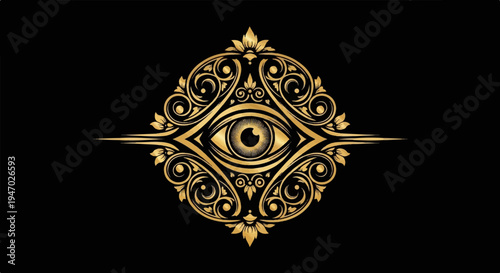 Ornate golden eye emblem with swirling patterns on a black background