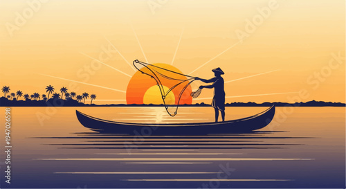 Silhouette of a lone fisherman casting a net from a canoe at sunset with palm trees on the distant shore