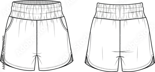 Women’s athletic running shorts technical flat sketch with front and back view, elastic waistband sportswear apparel template vector line drawing