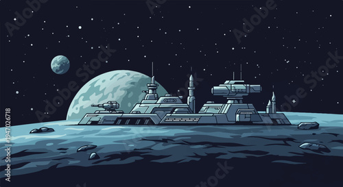 Pixel art space station on a rocky alien surface under a starry sky with planets