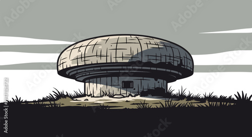 Stylized drawing of a concrete dome structure on a grassy knoll under a cloudy sky