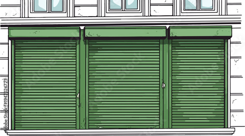 Close-up of a building facade with three closed green roll-up shutters and windows above