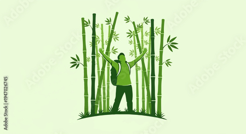 Silhouette of a person with arms outstretched amidst a dense bamboo forest, carrying a backpack