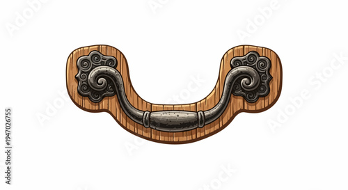 Ornate metal handle with swirling decorative elements on a wooden base