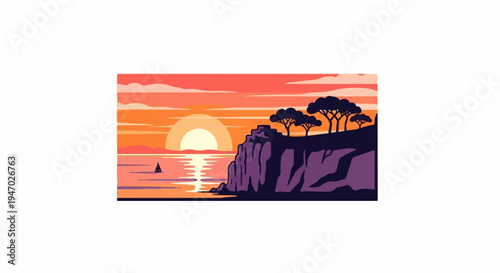 Pixel art sunset over a calm sea with a lone sailboat and silhouetted trees on a cliff