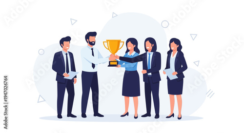 Team celebrating success, receiving a golden trophy, business achievement, teamwork, victory