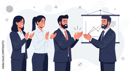 Business team applauding success during presentation, celebrating achievement