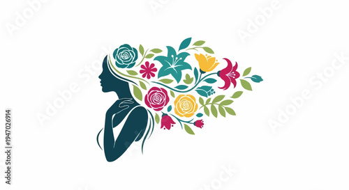 Silhouette of a woman with hair made of vibrant flowers and foliage