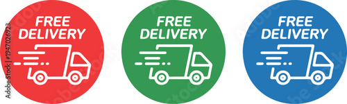Free Delivery Round Badge Set with Fast Shipping Truck Icon, E-commerce Label Vector Illustration Collection for Online Shopping